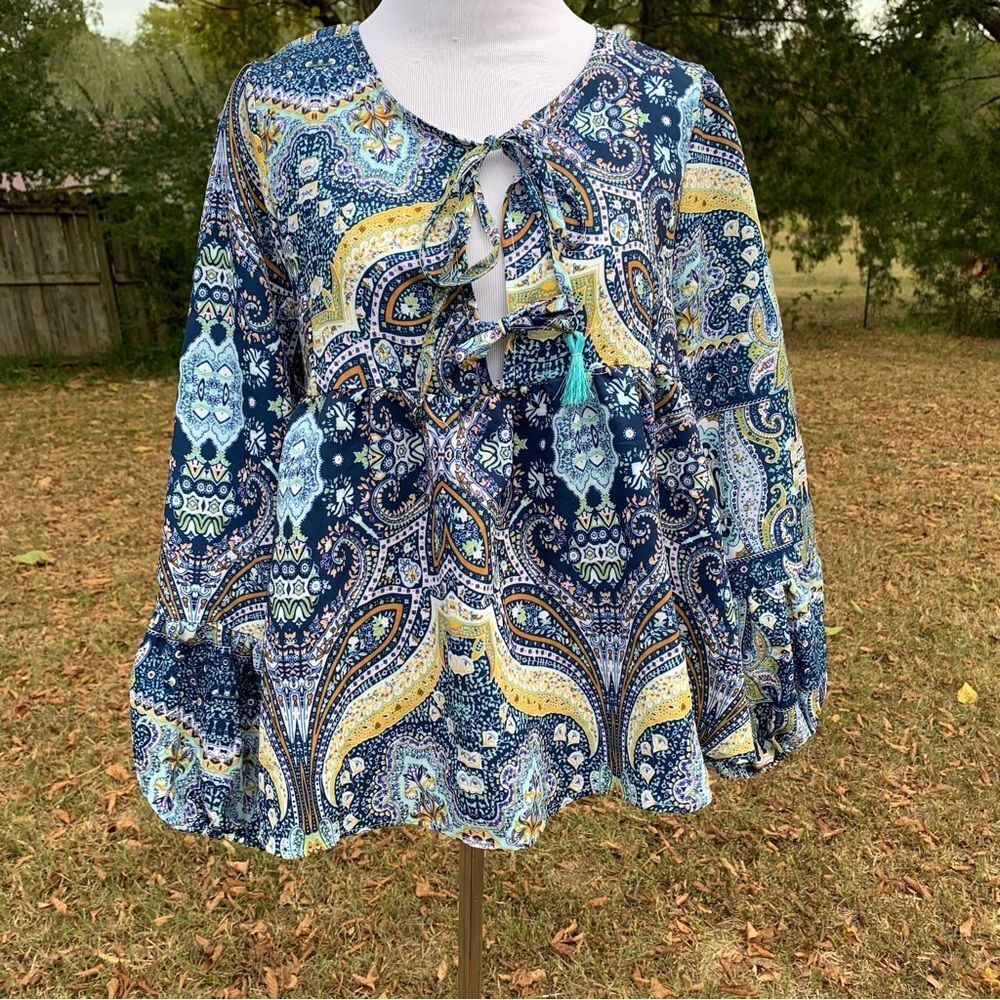 Flowy Blue Patterned Tie Detail Statement Sleeve Blouse Medium Lightweight